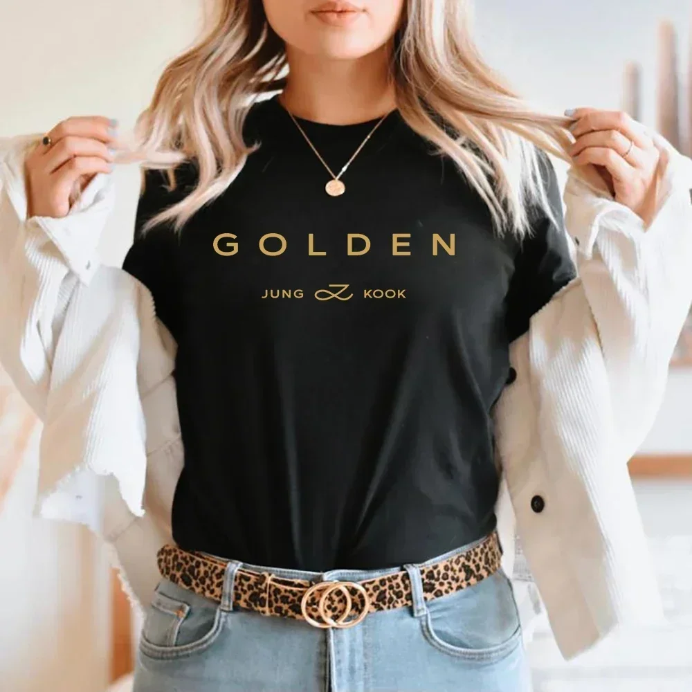 JungKook Gold T-shirt New Fashion Women's Harajuku Pattern Letter Printed T-shirt Women's High Quality Casual T-shirt Korea