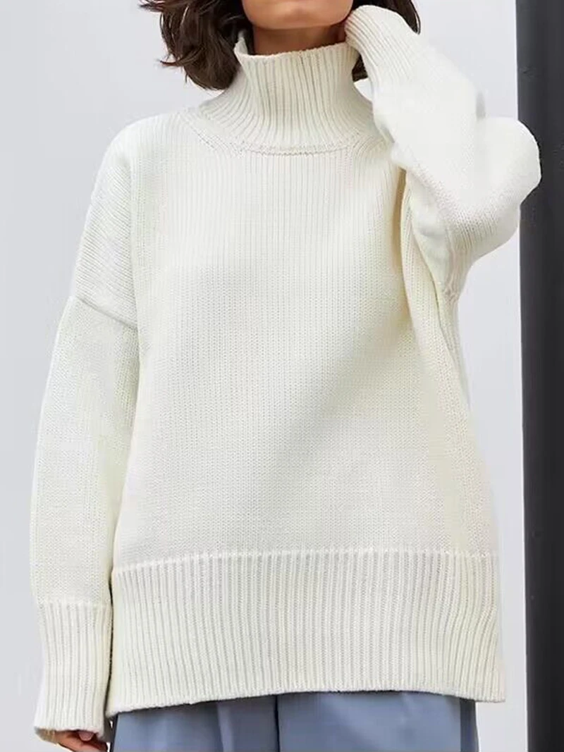 Wixra Women Turtleneck Sweater Solid Autumn Winter Loose Knitted Pullover Jumper Oversize Stylish Casual Knitwear