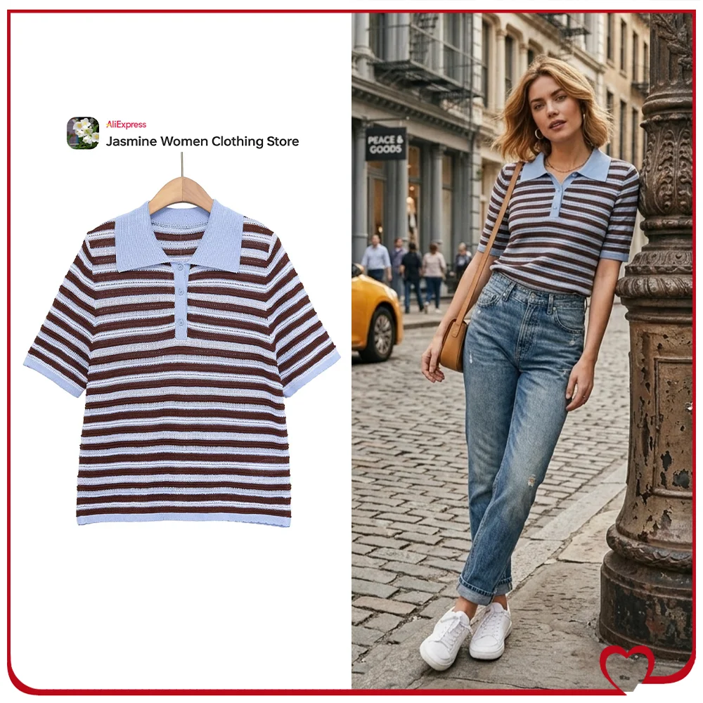 

Элегантные поло-рубашки в полоску для женщин: повседневные трикотажные поло с коротким рукавом и пуговицами спереди, стильные летние трикотажные футболки