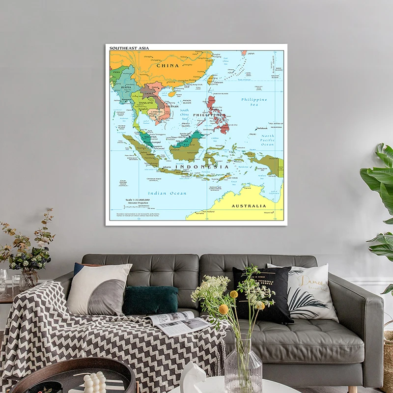 90*90cm la mappa del sud-est asiatico In inglese Non tessuto su tela pittura Poster senza cornice decorazione della casa forniture per aule scolastiche