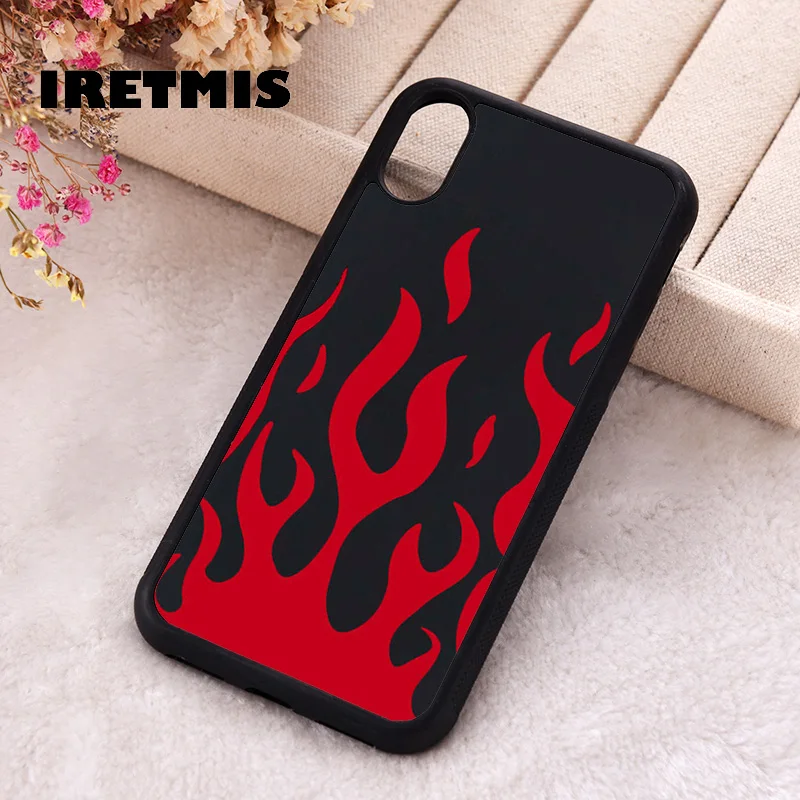 Iretmis Phone Cover Case for iPhone 6 6S 7 8 Plus X Xs XR 11 12 13 MINI 14 15 Pro Max Rubber Silicone Red And Black Flame