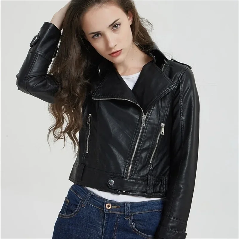 Jaqueta de couro da motocicleta feminina moda nova 2025 primavera outono casaco superior fino versátil couro do plutônio outerwear casaco feminino