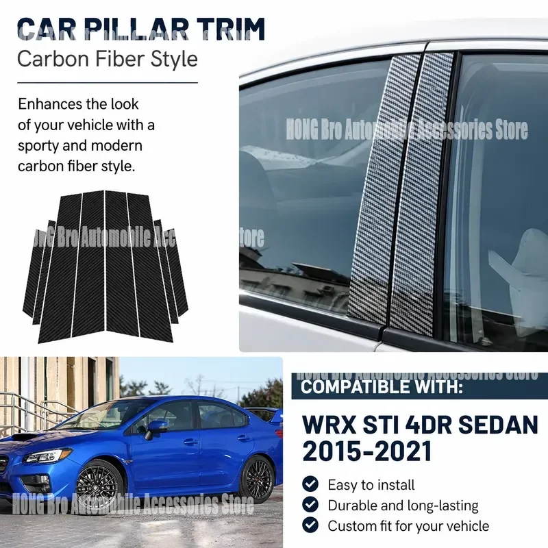 For Subaru WRX STI 4DR Sedan 2015-2021 Glossy Black Carbon Fiber B C Pillar Post Cover Trim Window Door Sticker Auto