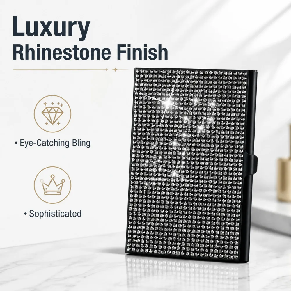 Bling Aluminum Alloy Diamond Metal Business Card Case 10-20 Sheets Capacity Snap Rhinestone Business Card Box Small