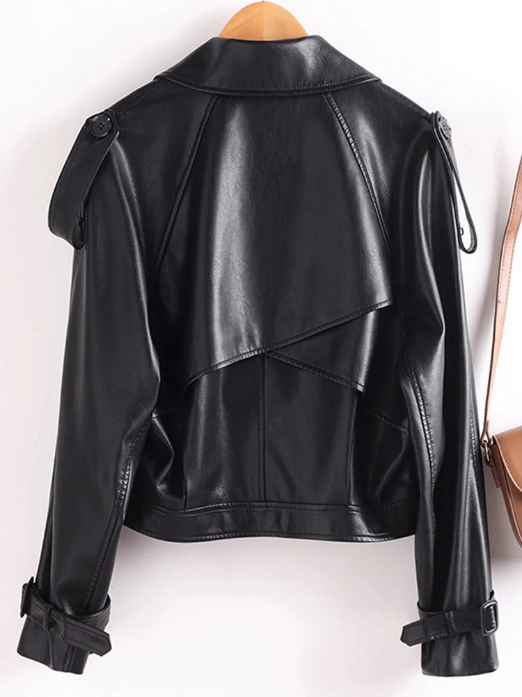 신상 여성 분할 가죽 재킷 봄 가을 패션 턴다운 칼라 빈티지 디자인 캐주얼 루즈 모토 바이커 쇼트 코트 여성용