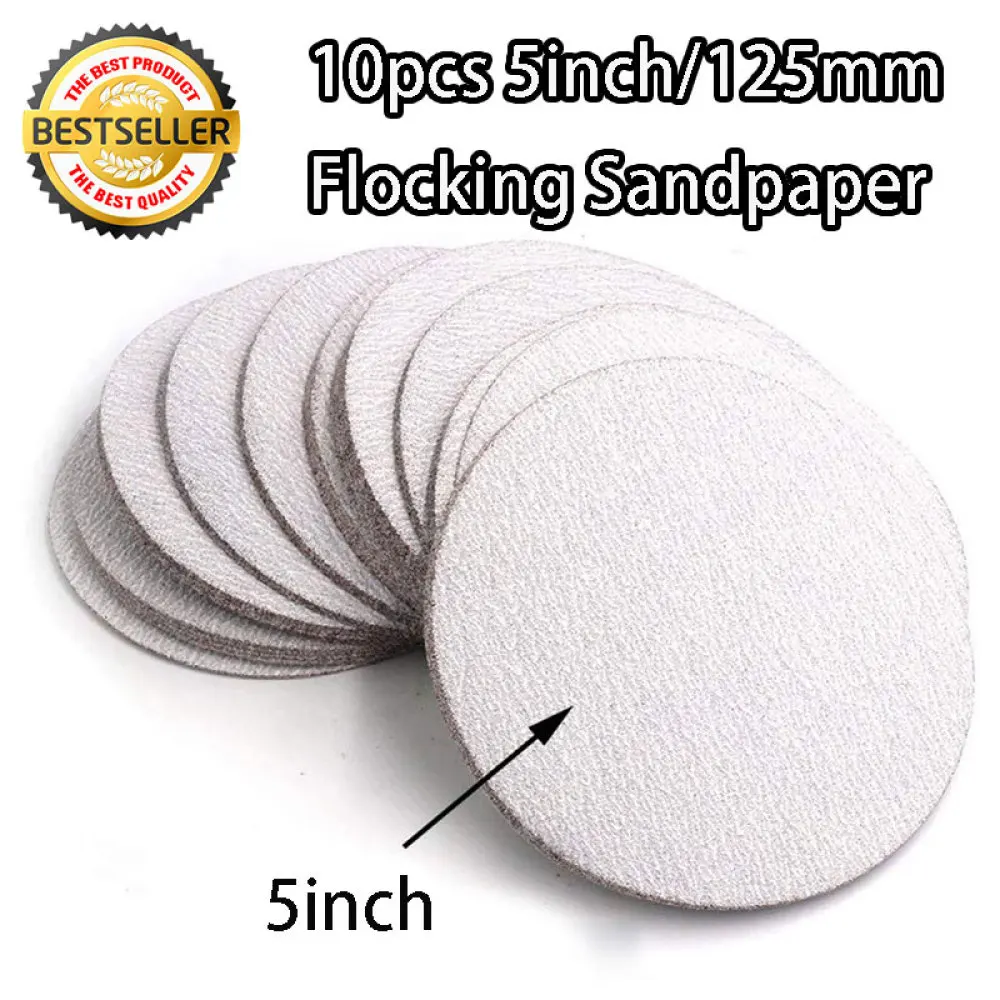 10pcs 5 inch Round Flocking Sandpapers 80#~1000# Sanding Paper Self-adhesive Grinding Machine Polishing Sheet Rotary Accessories