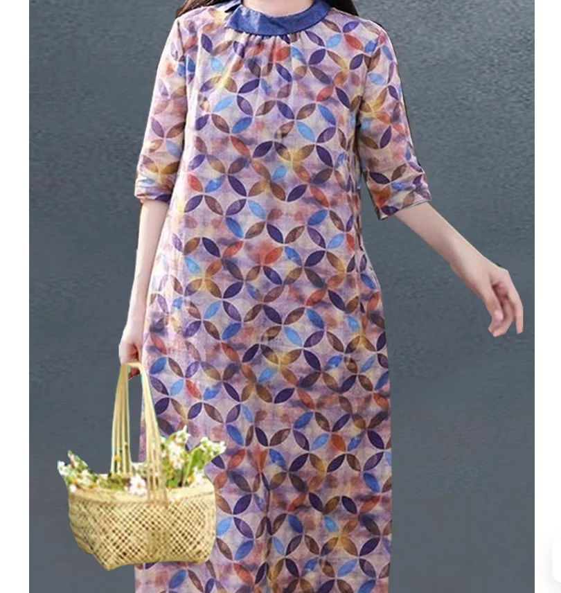 

Cotton and linen ethnic style printed dress, artistic retro slimming travel long dress, small collar, small stature, fresh dress