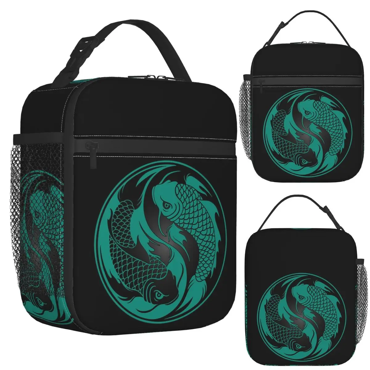 

Teal Blue And Black Yin Yang Koi Fish Insulated Lunch Bag for Women Picnic Storage Food Boxes Cooler Thermal Lunch Box Tote
