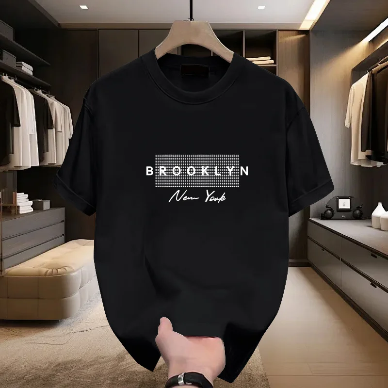 تي شيرت رجالي قطني بأكمام قصيرة على الموضة لصيف 2025 برقبة دائرية وأحرف فضفاضة مطبوعة فتل الرطوبة والتعرق