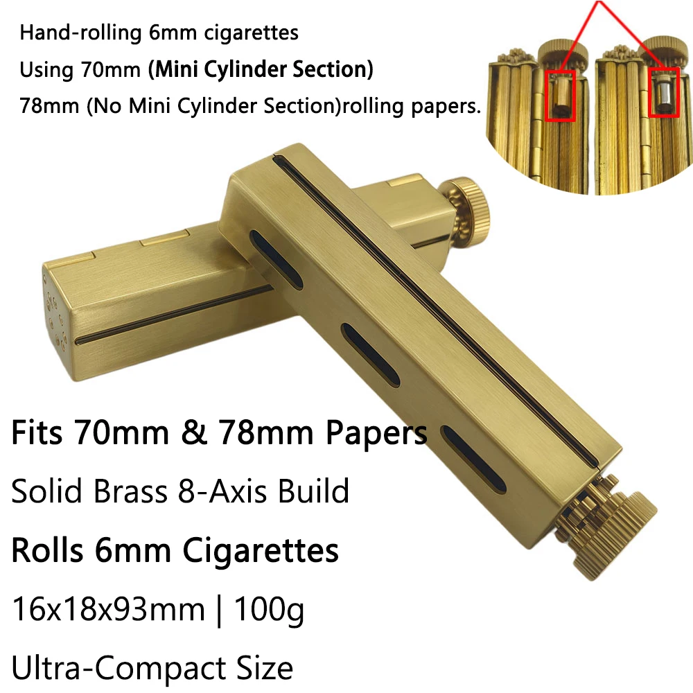 6mm Slim Cigarette Rolling Machine Square Brass Hand Roller 8 Shaft Gear Durable Manual Maker Fit 70mm &78mm Cigarette Paper