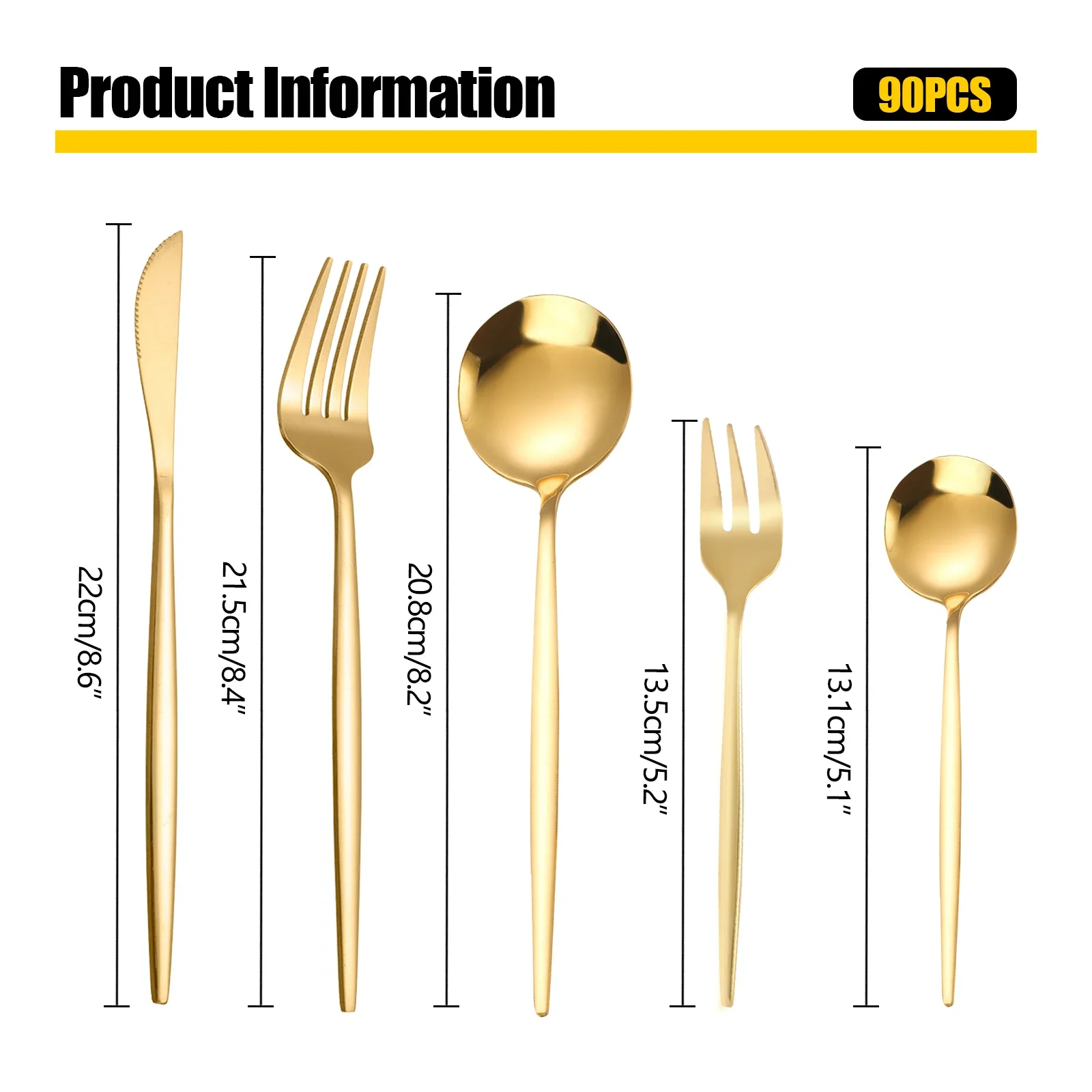 New Elegant 90-Piece Gold Cutlery Set - 18 Each of Forks, Spoons, Knives, Teaspoons, Salad Forks in  Gift Box