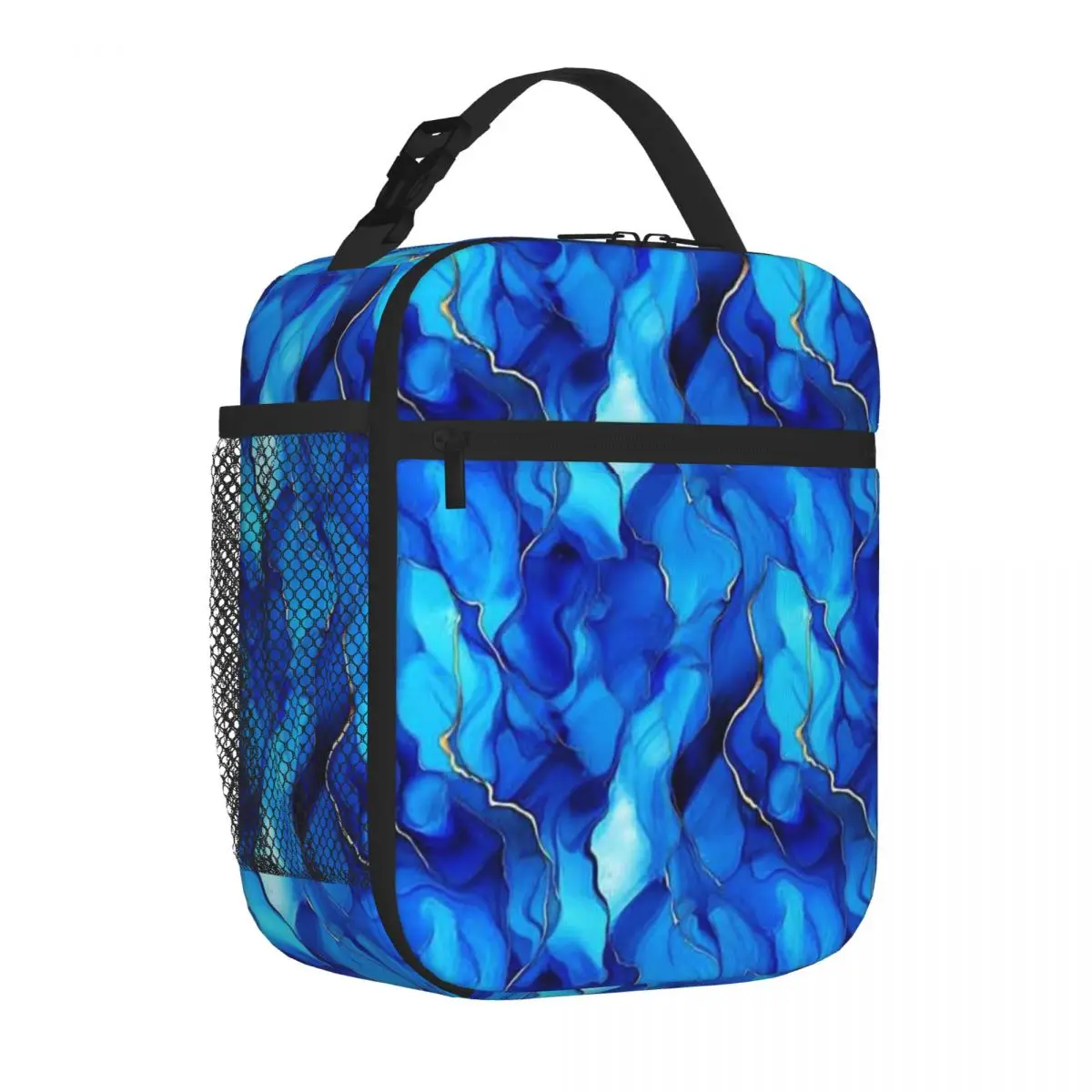 Bestselling Blue And Aqua Marbled Abstract With Golden Accents Plaid Thermal Tote Newborn Food Storage Lightweight Lunch Bag