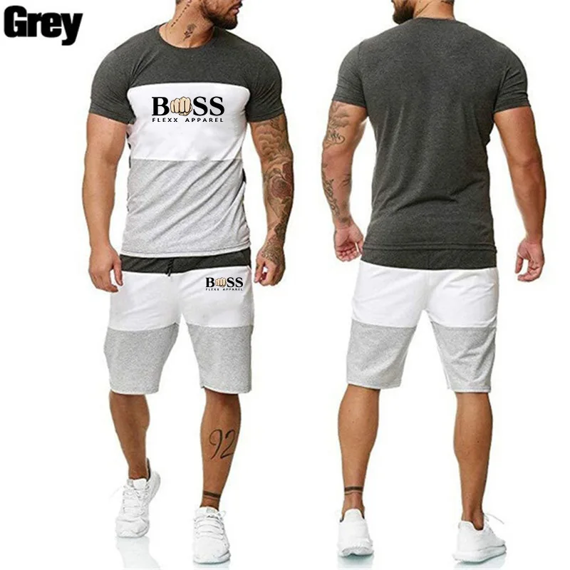 

Cross-Border Export Summer New Men's Sports and Leisure Suits Men's Simple Printed Splicing Short-Sleeved + Shorts Suits