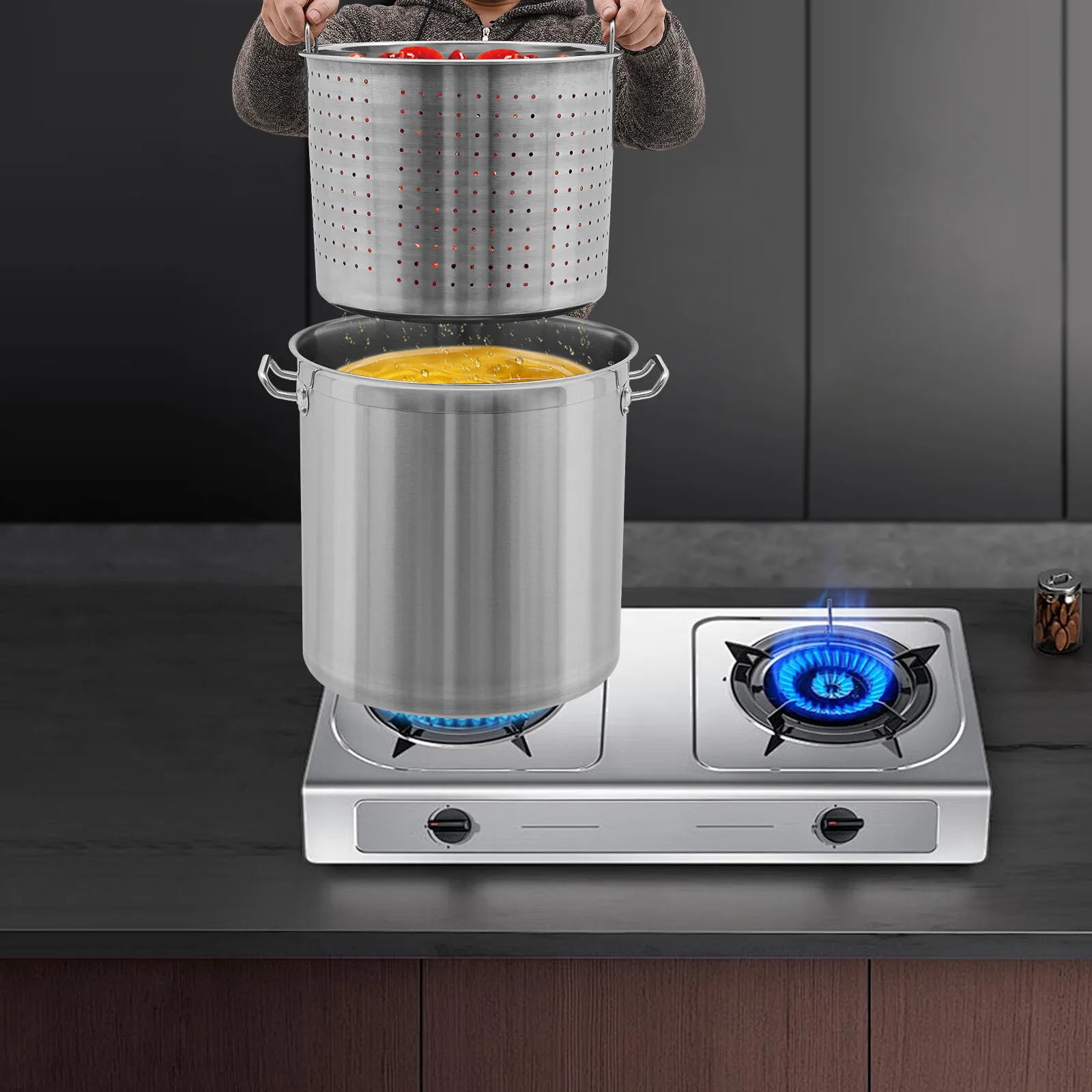 

20QT Cooking Pot Set 14.8*13.8in Stainless Steel Soup Pot Draining Bucket w/ Lid