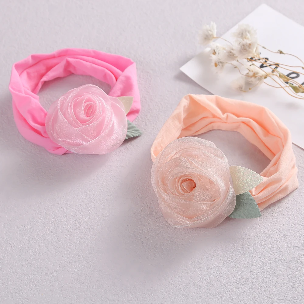 Fashion Lace Flower Baby Girls Headband Knit Nylon Hairband Kids Rose Headwear Newborn Hair Accessories Holiday Gift Photo Props