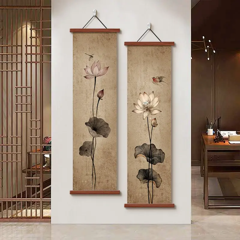 Vintage Japanese Style Lotus Vertical Scroll, Wall Art for Tea Room Study, Hanging Decor for Entryway Corridor Room Decoration