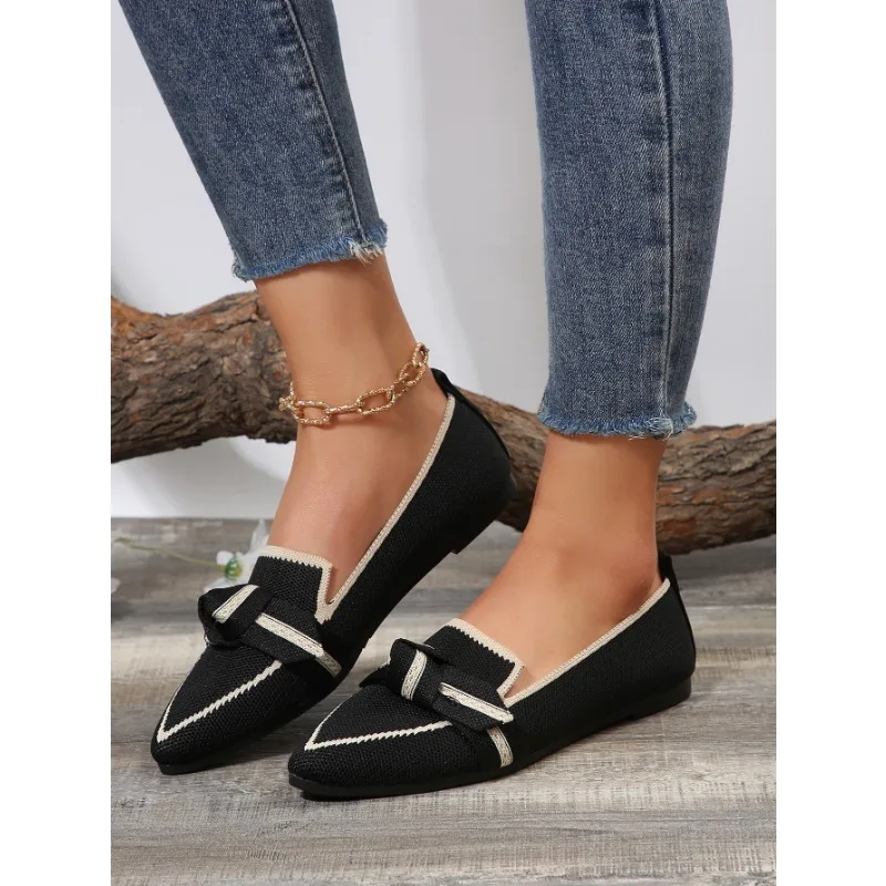 New Women\'s Knitted Slip on Flats Breathable Comfortable Solid Color Walking Shoes Casual Pointed Toe Walking Sneakers Loafers