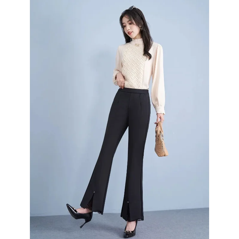 Verão estiramento-flare calças de cintura alta cintura alta perna larga rendas calças retas preto casual feminino