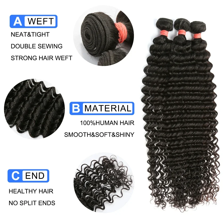 Extensiones de cabello humano rizado de 28 30 y 32 pulgadas, extensiones de pelo ondulado brasileño, extensiones de cabello virgen sin procesar Remy de onda profunda, 3 y 4 paquetes de agua