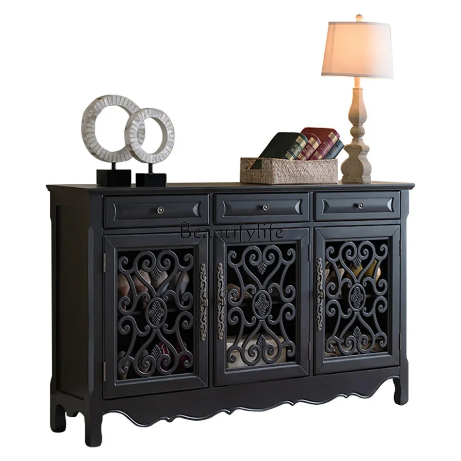 

L*Retro American porch cabinet solid wood classic black wall storage side cabinet