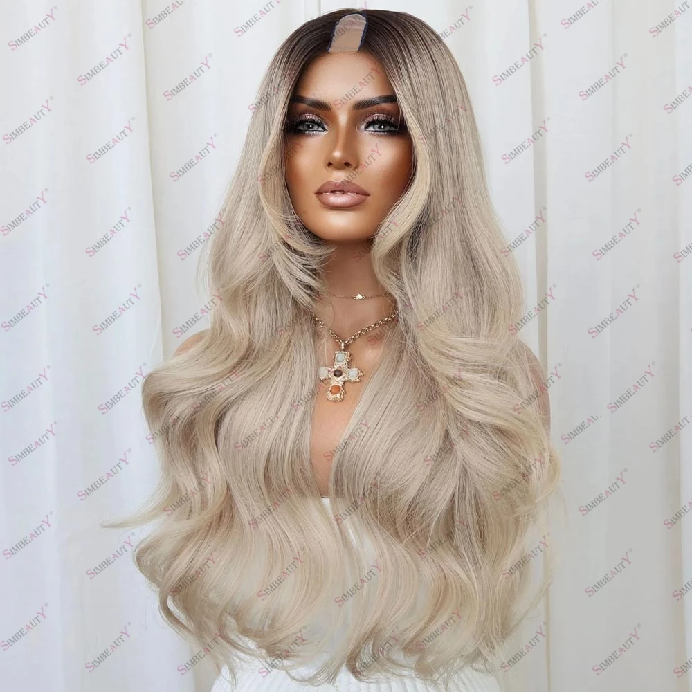 

Glueless 1x4 U Part 100% Human Hair Ombre Dark Root Platinum Blonde U Part Wigs for Women European Hair Middle Part V Shape Wig