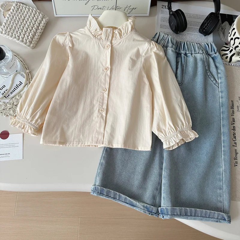 

New Girls' Spring Outfit Children's Shirt Fashionable Princess Denim Vest Three-Piece Set Trendy