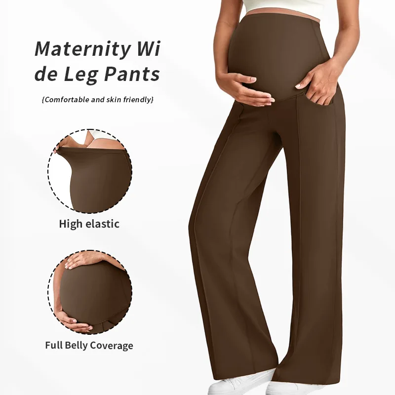 High Waist Wide Leg Maternity Straight Leg Pants Autumn Winter Outer Wear High Elastic Breathable Comfort Belly Support Trousers