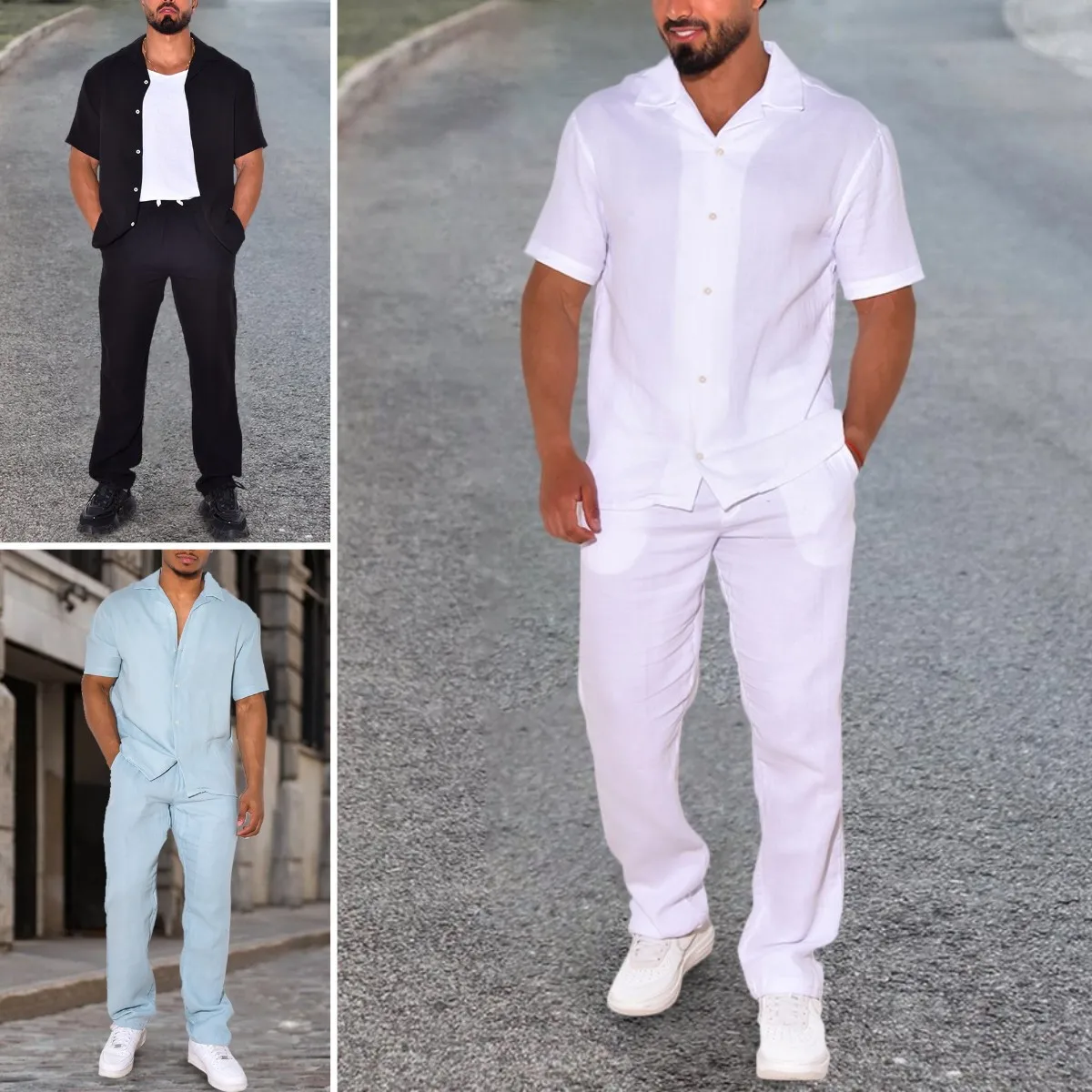 

2023 Summer Casual Mens Sets Loose Short-sleeved T-shirt and Trousers Two Piece Cotton Linen Suit Tracksuit Ropa De Hombre