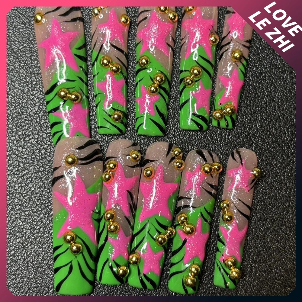 Spicy Girl Xl Long Square Duck-Bill Shape Reusable Nail Party Stickers 3D Cat Bowknot Diamond Leopard Print Stripes Fake Nail