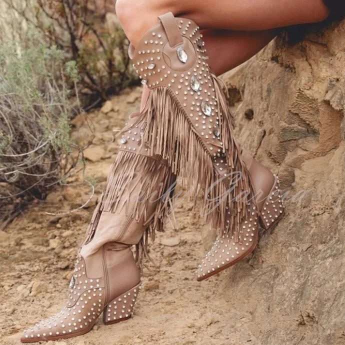 Brown Rhinestone Embellished Chunky Heel Fringe Cowgirl Boots Pointy Toe High Heel Side Zipper Ladies Western Knee High Boot