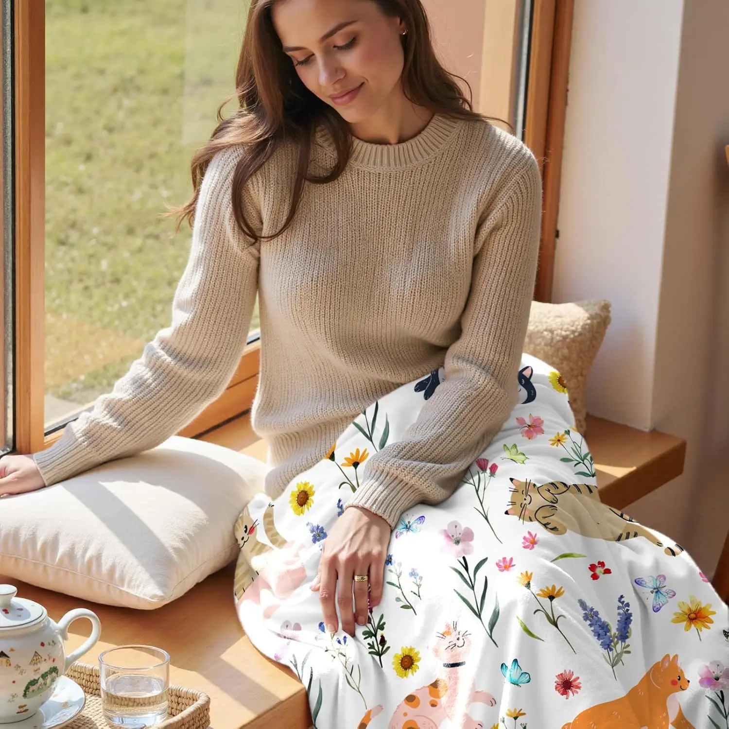 VIKAMA 꽃무늬 고양이 담요, 엄마, 소녀, 어린이, 고양이 애호가를 위한 생일 선물, 플란넬 담요, 인쇄된 소파 침대, 의자 담요