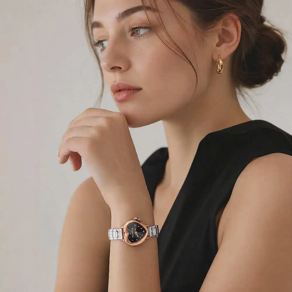Women Heart Shape Dial Quartz Watch Stainless Steel Italian Modular Bracelet Wristwatch Rhinestone Inlaid Lady Dress Watch Gift