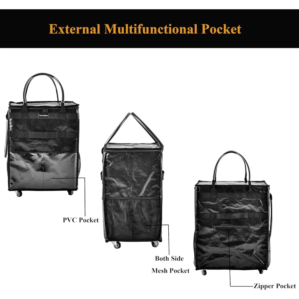 รถเข็นช้อปปิ้งแบบมีล้อขนาดใหญ่พร้อมดีไซน์พับได้ ที่จับแบบรับน้ำหนักได้มาก และช่องเก็บของด้านนอกสำหรับใส่ถุงช้อปปิ้งแบบใช้ซ้ำได้