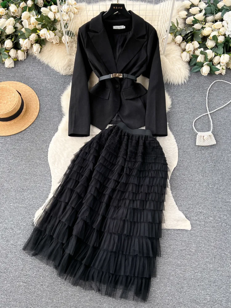 Autumn Office Lady Blazer Suits Skirts Two Piece Sets For Women Elegant Outfit Korean Fashion Black Blazers Coat And Mesh Skirt