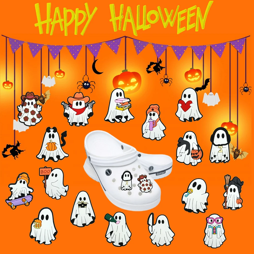1-50Pcs Halloween Ghost Series PVC shoe Charms Accessories DIY Fit Clogs  Shoe Decorations Buckle Detachable Kids Gifts