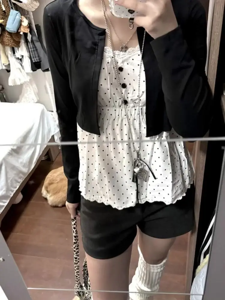 Korean Fashion 2 Piece Set Design Long Sleeved Short Cardigan Slim Camisole Polka Dot Vest Tops Casuasl Suit Chic