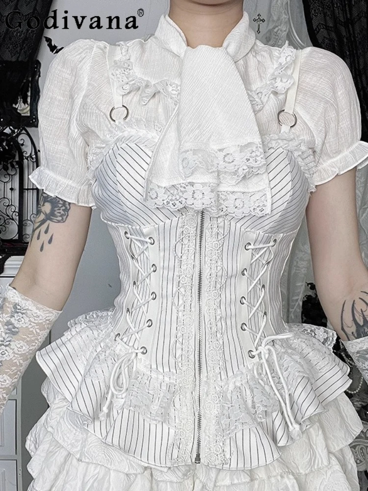 

Gothic White Cos Subculture Lolita Slim Suspender Top Spring and Autumn New Versatile Age-reducing Fashion Lace-up Waistband
