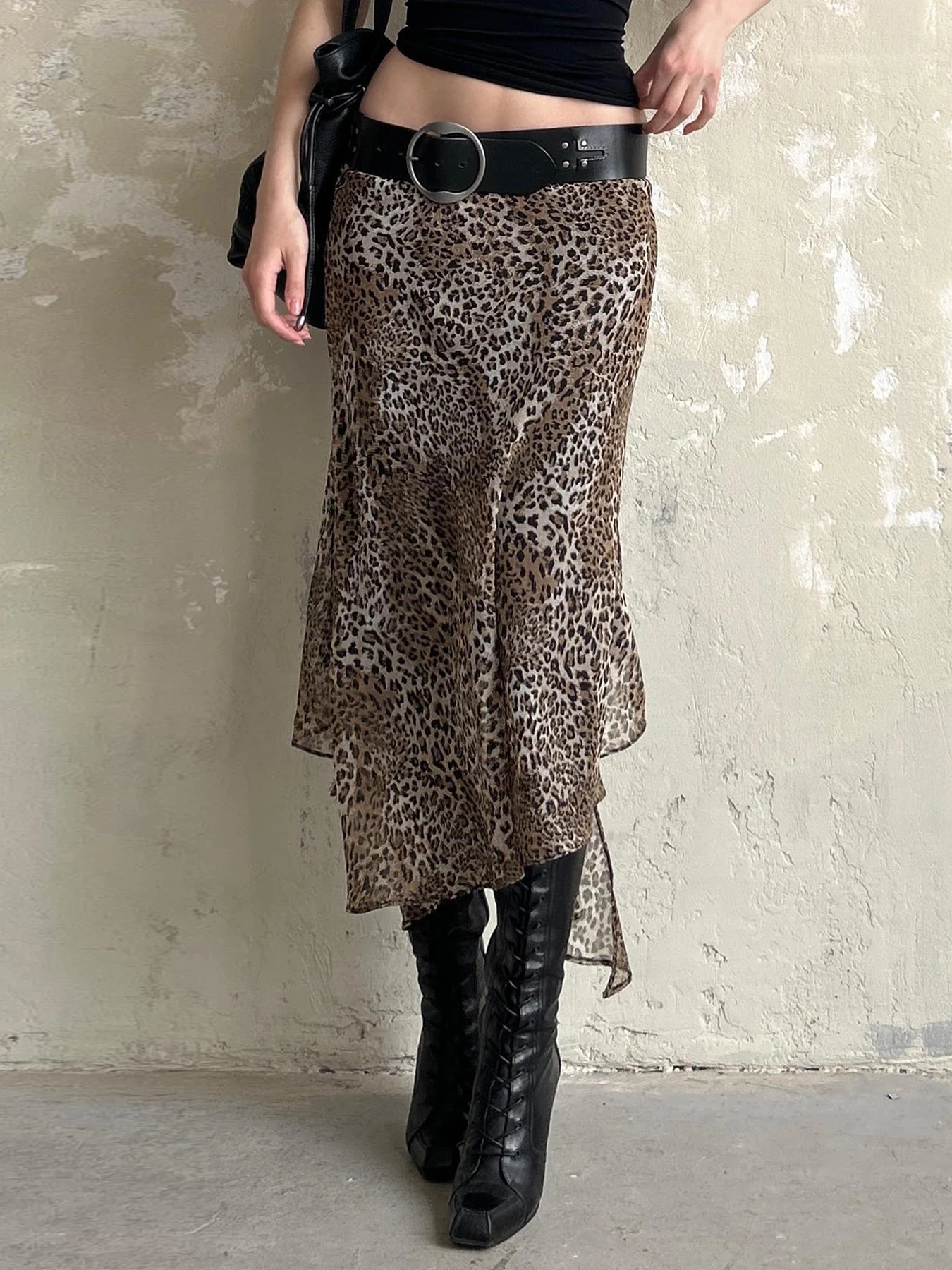

Sweetown Chic Irregular Hems Leopard Long Skirts Women Fashion Design Street Trendy Office Lady All-Match Skirts