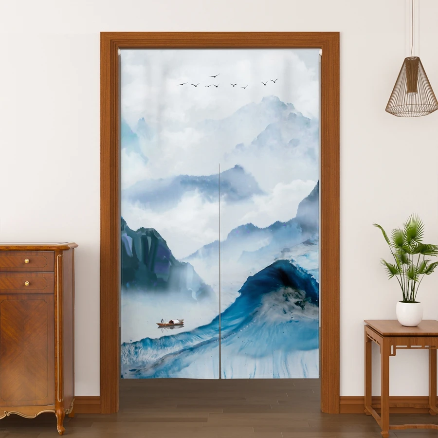 Door Curtain Japanese Style Ink Mountain Drawing Entryway Opaque Blackout Short Curtain Hot Spring Linen Hanging Half Curtain