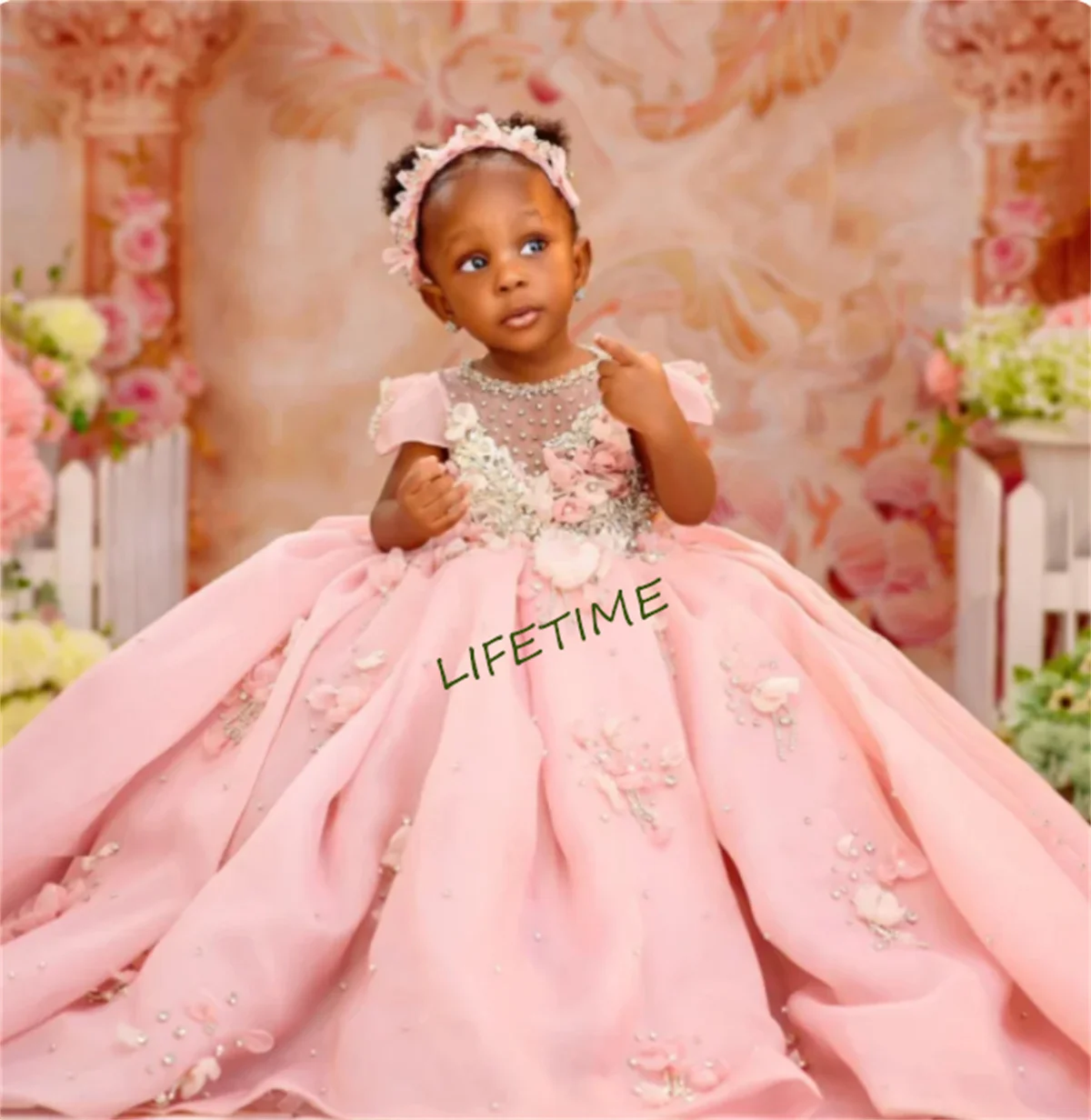 

Pink Floral Flower Girl Dresses For Wedding Kids Ball Gown Party Girls Pageant Dresses Princess Baby Birthday Gowns