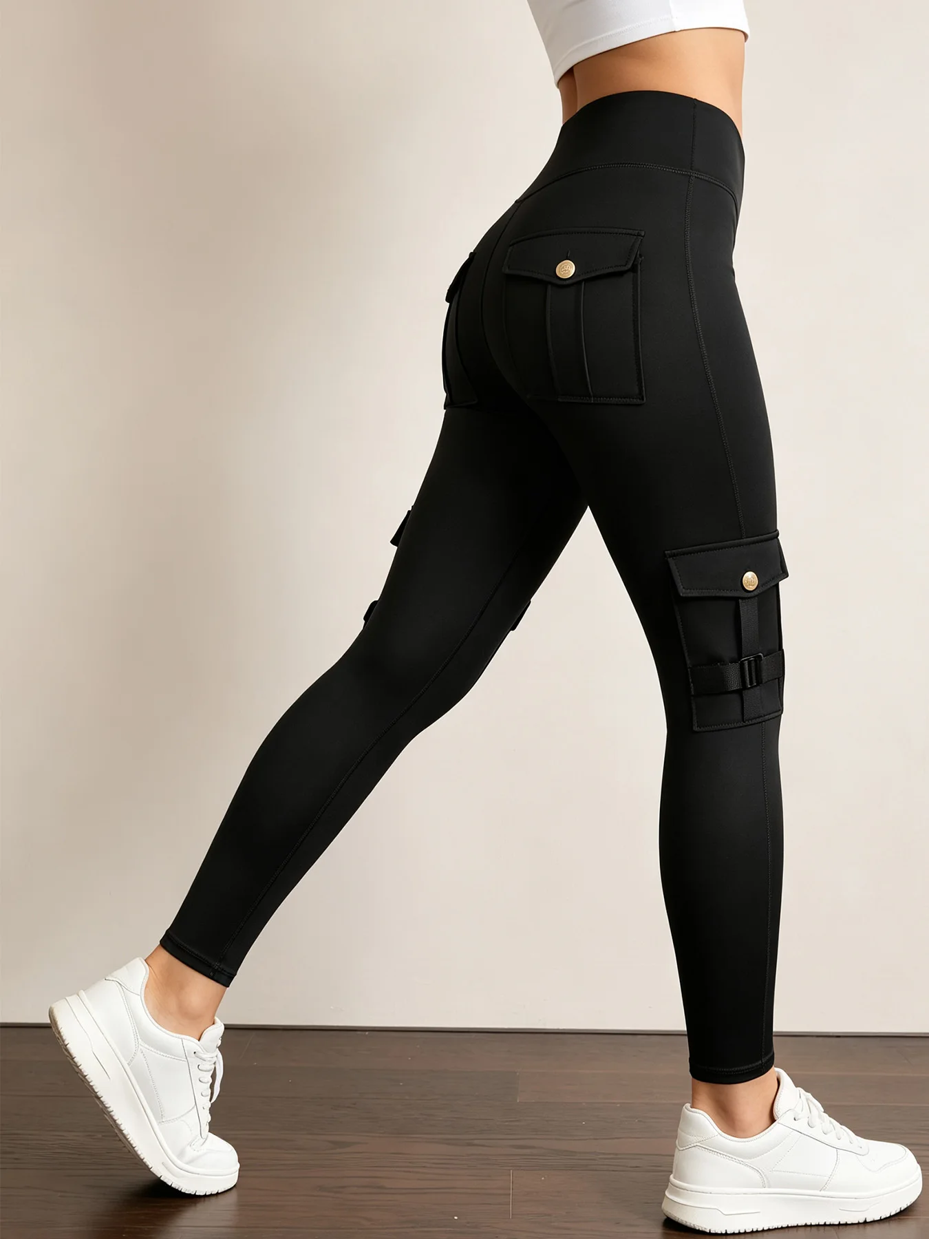 Women's High Waist Cargo Yoga Pants With Buckle Pockets Butt Lifting Fitness Leggings Stretch Athletic Pants For Running Gym