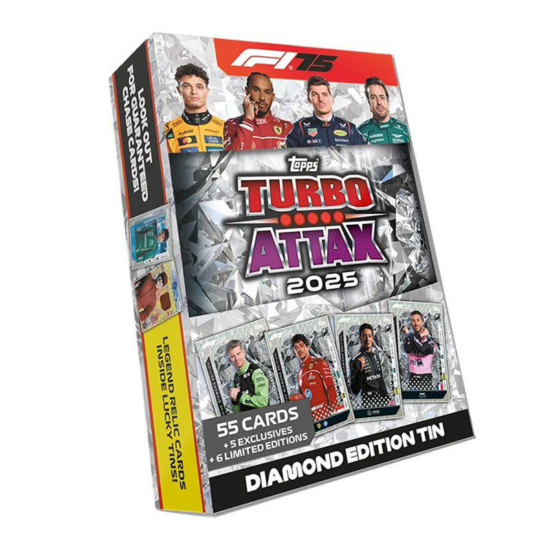 Nieuwe 2025 Topps Turbo Attax Formula 1 Diamond Edition Mega blikken doos bevat 66 kaarten inclusief 6 LE's en 5 exclusieve kaarten