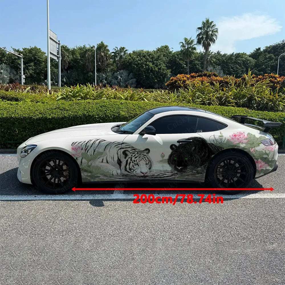 2pcs Lotus Pool Tigers Car Side Wraps, Self-Adhesive PVC Waterproof & Scratch-Resistant Stickers, Car Accessory Gift
