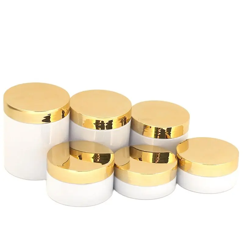 

15pcs Skincare Face Cream Jars Empty PET White Cosmetic Containers 50ml 80ml 100ml 150ml 200ml 250ml Shiny Gold Lid Plastic Pots