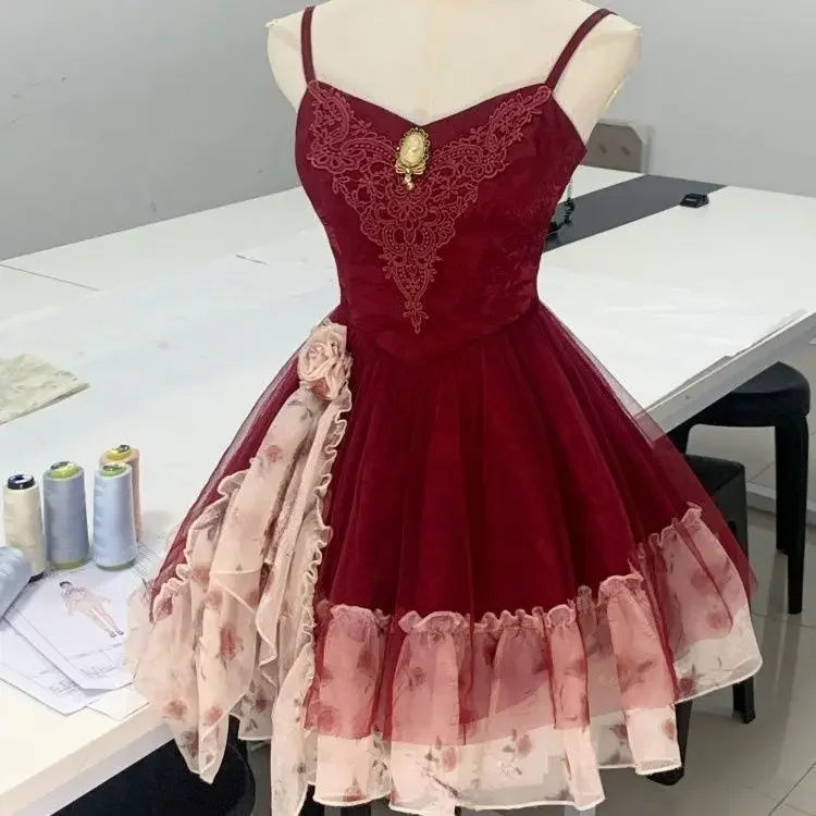 Women Green Fairy Style Dress Slim Fit Spaghetti Strap Lace Ruffle Hem Vintage Mesh Patchwork Elegant Kawaii Aesthetic Outfit