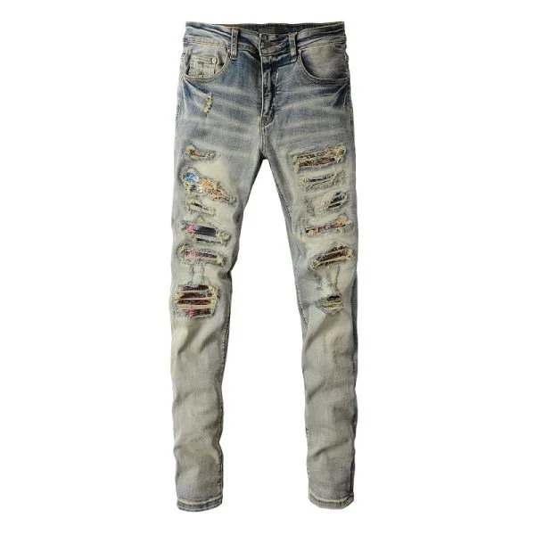 2025 New Retro Wrinkle Ripped Cat Whisker Patch Print Elastic Slim Fit Ankle Jeans Trendy Personality Versatile