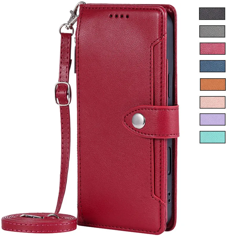 Solid Color Wallet Case for Samsung Galaxy S26 Ultra S26+ S25 edge S24 S23 S22 S21 FE Ultra Plus Long Strap Zippoer Leather Bag
