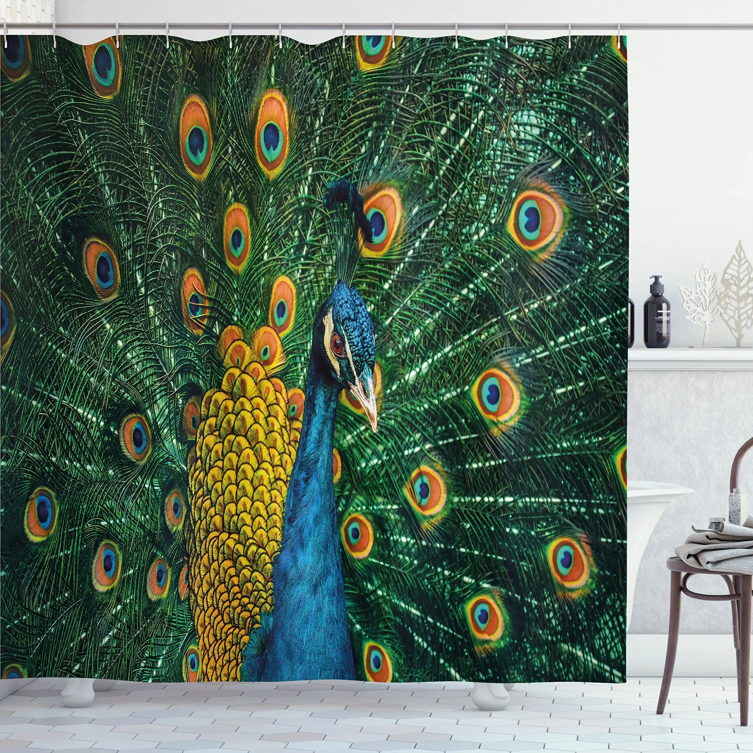 Peacock Shower Curtains Beautiful Blue Bird Flower Plant Watercolor Print Bathroom Decor Home Bathtub Screen Waterproof Fabric