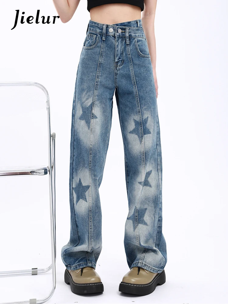 

Jielur Star Blue Straight Summer Chic Women Jeans Washed Cotton Denim Pants Korean Style High Waist Full Length Wide Leg Pants