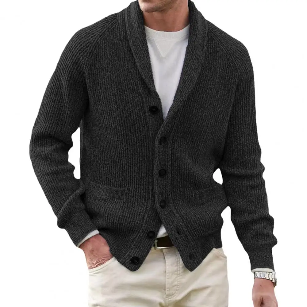 Men's Sweater Coat Pocket Lapel Long Sleeve Single Breasted Long Sleeve Solid Color Thick Knit Jacket